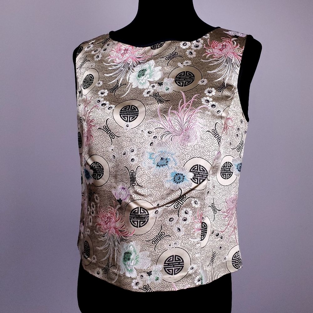 Women's Silk-Effect Floral Print Shell Top - Ivory with Pastel Accents